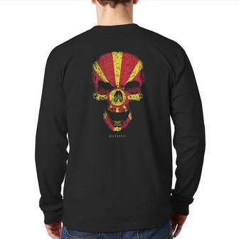 Skull With Macedonia Flag Skeleton Macedonian Roots Back Print Long Sleeve T-shirt | Mazezy
