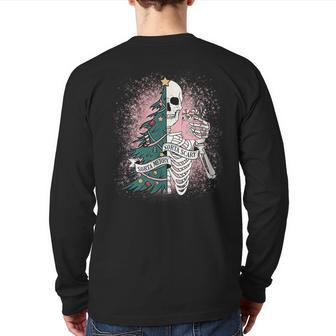 Sorta Merry Sorta Scary Christmas Skeleton Bleached Back Print Long Sleeve T-shirt - Thegiftio UK
