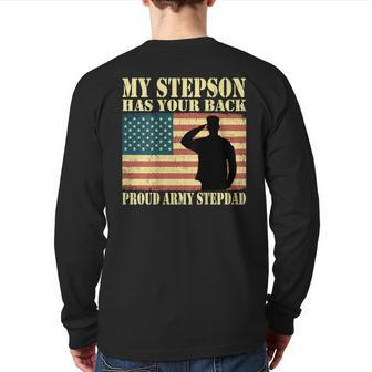 My Stepson Has Your Back Proud Army Stepdad Father Back Print Long Sleeve T-shirt | Mazezy