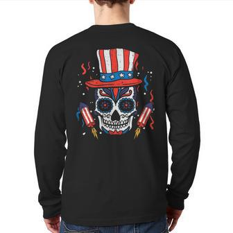 Sugar Skull Us Flag Hat Fourth 4Th Of July Patriotic Mexican Back Print Long Sleeve T-shirt | Mazezy