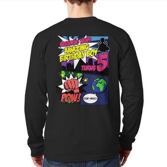 Superhero Birthday Boy Turns 5 Amazing Awesome Super Back Print Long Sleeve T-shirt - Monsterry