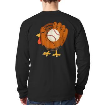 Turkey Baseball Glove Thanksgiving Day Catchers Boys Dads Back Print Long Sleeve T-shirt | Mazezy