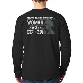 Never Underestimate A Woman With A Dd214 Veterans Day Back Print Long Sleeve T-shirt | Mazezy