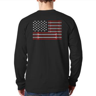 Us Flag Barbells Weightlifting Patriotic Gym Workout Back Print Long Sleeve T-shirt | Mazezy