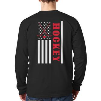 Usa Flag Patriotic American Pride Hockey Player Hockey Back Print Long Sleeve T-shirt - Monsterry