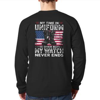 Veteran American Flag Dog Tag Boots My Time In Uniform Is Over But My Watch Never Ends Back Print Long Sleeve T-shirt | Mazezy