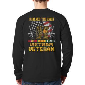 Vietnam Veteran With Us Flag With Combat Boots Patriotic Back Print Long Sleeve T-shirt | Mazezy