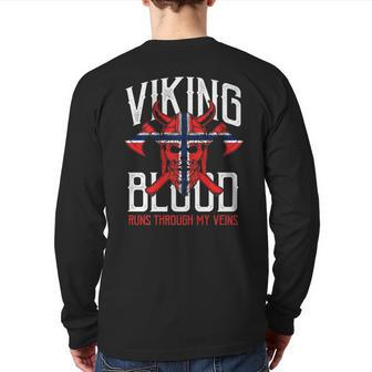 Viking Blood Skull Norwegian Flag Pride Norway Premium Back Print Long Sleeve T-shirt | Mazezy