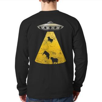 Vintage Alien Ufo Cow Abduction Roswell Retro T Yellow Back Print Long Sleeve T-shirt - Monsterry