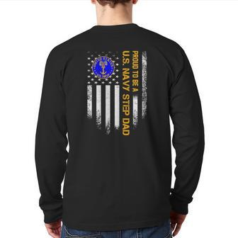 Vintage American Flag Proud To Be A Us Navy Stepdad Military Back Print Long Sleeve T-shirt | Mazezy