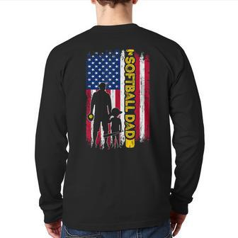 Vintage American Flag Softball Dad Daddy Men Back Print Long Sleeve T-shirt | Mazezy