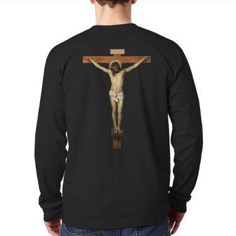 Vintage Christ On The Cross Transparent Jesus Death Savior Back Print Long Sleeve T-shirt - Monsterry