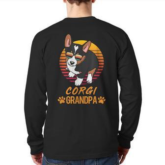 Vintage Cool Tricolor Corgi Dog Grandpa Paw Dad Fathers Day Back Print Long Sleeve T-shirt - Monsterry DE