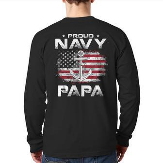Vintage Proud Navy Papa With American Flag Veteran Back Print Long Sleeve T-shirt | Mazezy