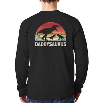 Vintage Retro Daddy Dinosaur Daddysaurus 2 Two Kids Back Print Long Sleeve T-shirt | Mazezy