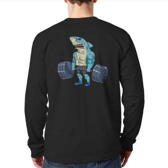Vintage Shark Weightlifting Bodybuilder Muscle Fitness Back Print Long Sleeve T-shirt | Mazezy