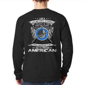 Vintage I Am A Us Air Force Veteran I Am A Proud American Back Print Long Sleeve T-shirt | Mazezy