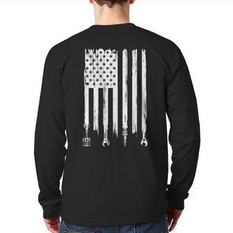 Wrench Piston American Flag Fathers Day Car Mechanic Garage Back Print Long Sleeve T-shirt | Mazezy