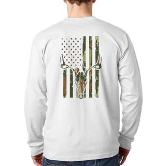 Camo Us Flag Deer Skull Vintage Hunting Patriotic Hunt Dad Back Print Long Sleeve T-shirt | Mazezy