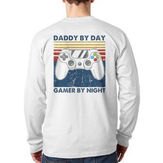 Daddy By Day Gamer By Night Dad Jokes Gaming Vintage Back Print Long Sleeve T-shirt | Mazezy
