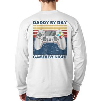 Daddy By Day Gamer By Night Dad Jokes Gaming Vintage Back Print Long Sleeve T-shirt | Mazezy