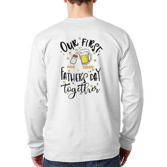 Our First Father's Day Together Daddy Olivia Feeding Bottle & Beer Glass Personalized Back Print Long Sleeve T-shirt | Mazezy