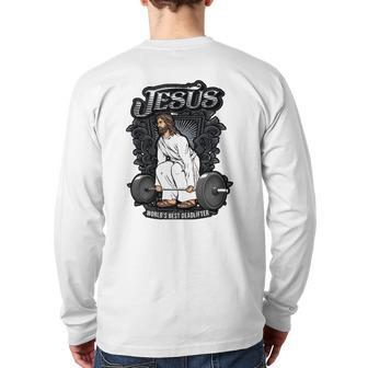 Jesus Christian Weight Lifting Pun Men Him Gag Tank Top Back Print Long Sleeve T-shirt | Mazezy