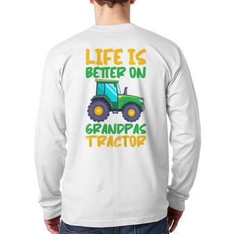 Kids Young Farmer Tractor Boy On Grandpas Tractor Back Print Long Sleeve T-shirt | Mazezy