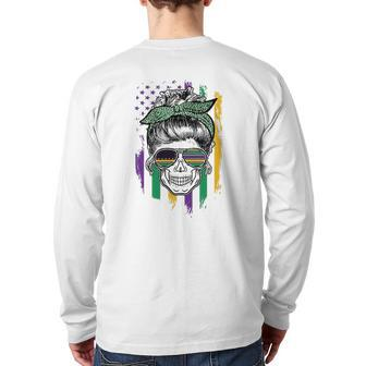 Mardi Gras Skull American Flag Back Print Long Sleeve T-shirt | Mazezy