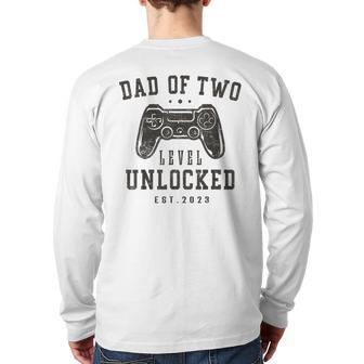 Mens Dad Of Two Level Unlocked 2023 Promoted To Daddy Again Back Print Long Sleeve T-shirt | Mazezy