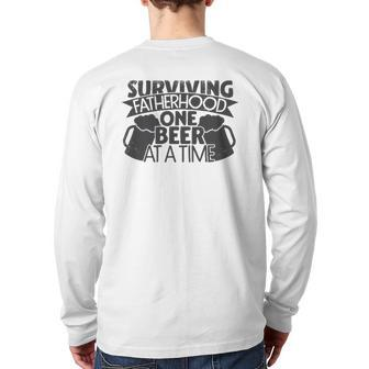 Mens Surviving Fatherhood One Beer At A Time Dad Papa Back Print Long Sleeve T-shirt | Mazezy