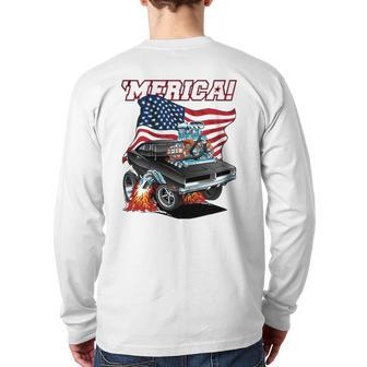 Merica Patriotic Classic Hot Rod Muscle Car Usa Flag Back Print Long Sleeve T-shirt | Mazezy