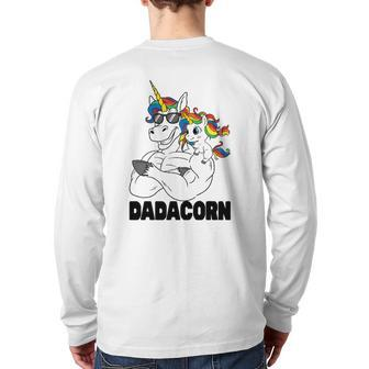 Muscle Unicorn Dad Baby Daughter Shoulder Sitting Dadacorn Back Print Long Sleeve T-shirt | Mazezy