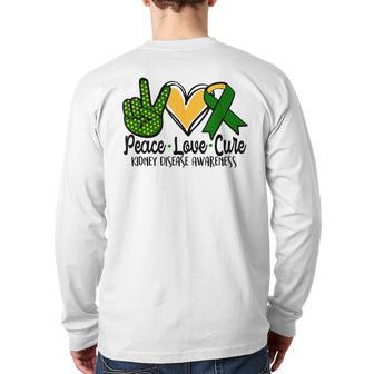 Peace Love Cure Kidney Disease Awareness March Green Ribbon Back Print Long Sleeve T-shirt - Monsterry