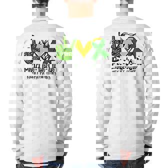 Peace Love Cure Kidney Disease Awareness March Green Ribbon Back Print Long Sleeve T-shirt - Monsterry