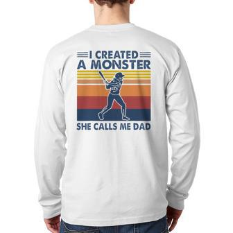 Proud Softball Dad I Created A Monster She Calls Me Dad Back Print Long Sleeve T-shirt | Mazezy AU