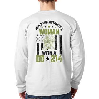 Never Underestimate A Woman Veteran Veterans Day Graphic Veteran Back Print Long Sleeve T-shirt | Mazezy