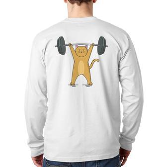 Weightlifting Cat Barbell Fitness Lovers Back Print Long Sleeve T-shirt | Mazezy