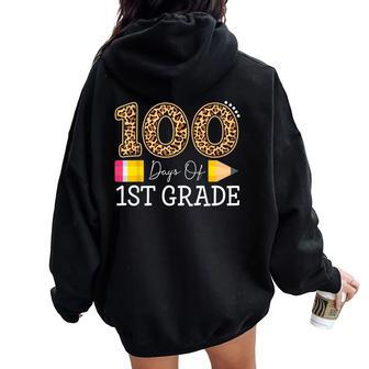 100 Days Of First Grade Leopard Happy 100Th Day Of School Women Oversized Hoodie Back Print | Mazezy