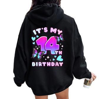 14Th Birthday Girl 14 Years Butterflies And Number 14 Women Oversized Hoodie Back Print - Monsterry