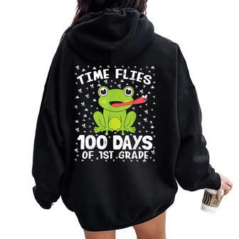 1St Grade 100 Days School Boys Girls Frog Time Flies Fly Kid Women Oversized Hoodie Back Print - Monsterry DE