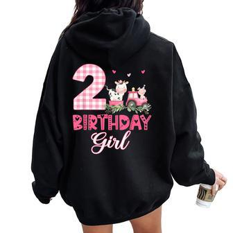 2Nd Birthday Outfit Girl Two Year Old Farm Cow Pig Tractor Women Oversized Hoodie Back Print - Seseable