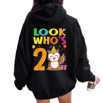 2Nd Birthday Owl Look Whoos 2 Years Old Party Women Oversized Hoodie Back Print - Seseable