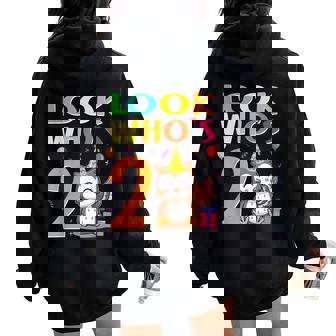 2Nd Birthday Owl Look Whoos 2 Years Old Party Women Oversized Hoodie Back Print - Seseable