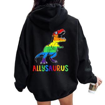 Allysaurus Lgbt Dinosaur Rainbow Flag Ally Lgbt Pride Women Oversized Hoodie Back Print - Monsterry