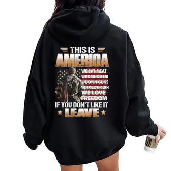 This Is America We Eat Meat We Drink Beer On Back Women Oversized Hoodie Back Print | Mazezy