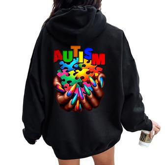 Autism Awareness Hand Black Woman Autism Mom Puzzle Piece Women Oversized Hoodie Back Print - Seseable