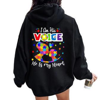 Autism Mom I'm His Voice He Is My Heart Autism Awareness Women Oversized Hoodie Back Print - Seseable