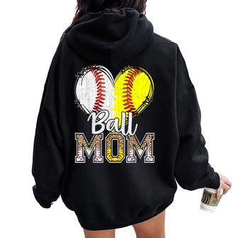 Ball Mom Heart Baseball Softball Mama 2024 Women Oversized Hoodie Back Print | Mazezy