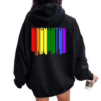 Binghamton New York Lgbtq Gay Pride Rainbow Skyline Women Oversized Hoodie Back Print - Monsterry